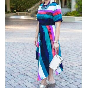NEW Rachel  Roy Short sleeve midi Asymmetrical design watercolor dress  6